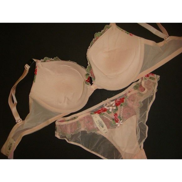 Victoria's secret 32B,34B,34D,34DD BRA SET+garter+panty Embroidered Roses Pink - Picture 8 of 9